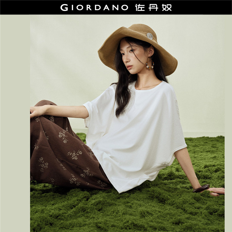 设计师款佐丹奴短袖T恤女2026夏拼接圆领蝙蝠袖宽松上衣18326606