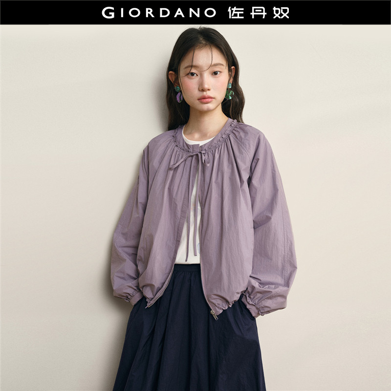设计师款佐丹奴2026春新款紫色宽松绑带收褶圆领外套女18376603