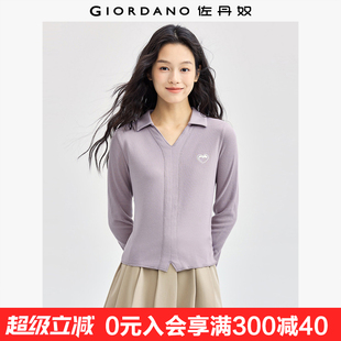 佐丹奴长袖 心形猫咪刺绣V字翻领休闲上衣女05314788 Polo衫 女新款
