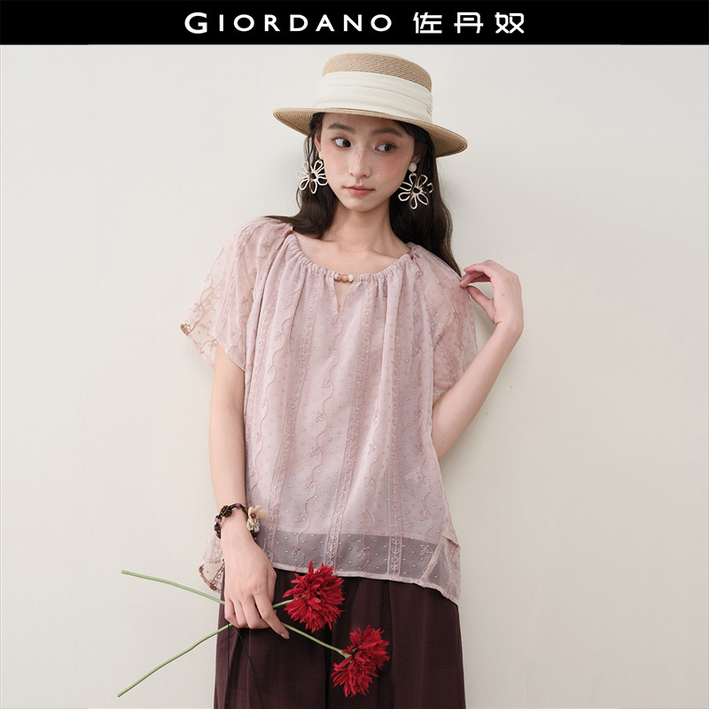 设计师款佐丹奴洗褪绣花雪纺宽松串珠收褶圆领短袖衬衫女18346807