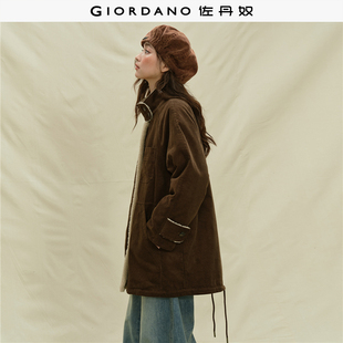 佐丹奴外套女装灯芯绒拼接仿羊羔绒立领中长款夹棉外套 18375217