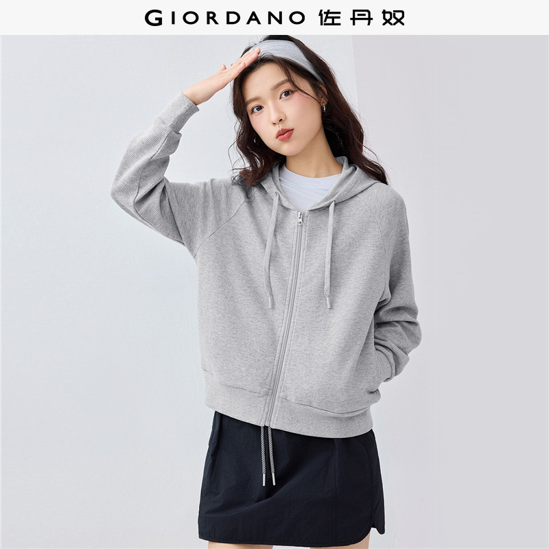 佐丹奴休闲外套女秋季新款华夫格连帽插肩袖运动卫衣开衫13375102