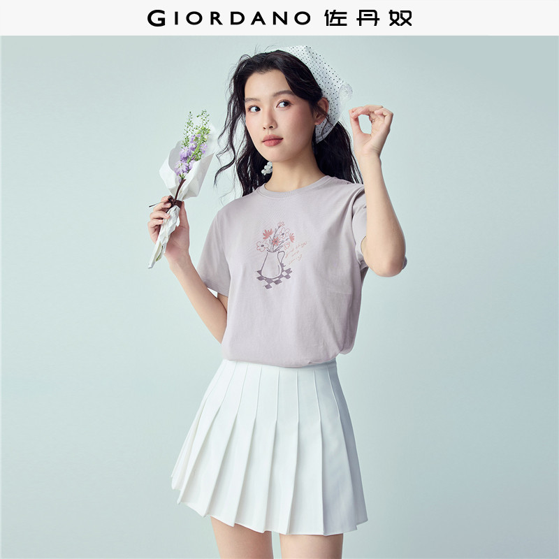 佐丹奴短袖T恤女装新款纯棉田园风花瓶印花圆领休闲上衣13326301