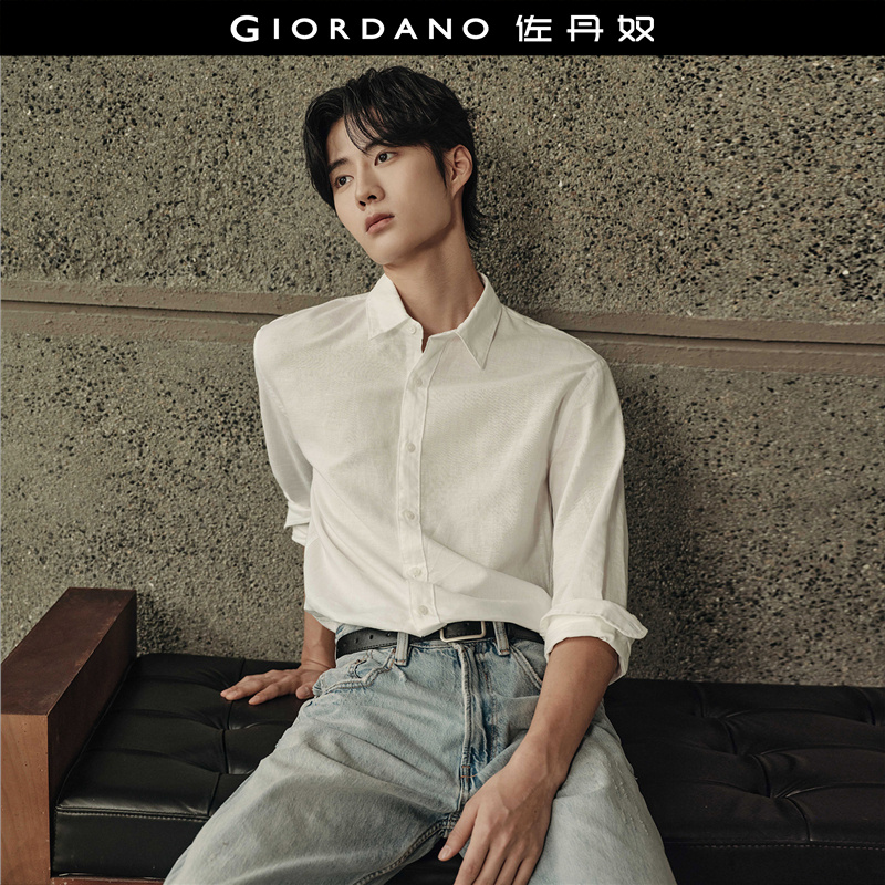 Giordano尖领长袖麻棉衬衫