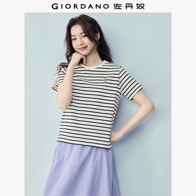 佐丹奴航海系短袖T恤女夏季新款纯棉条纹绣花圆领上衣 05325390