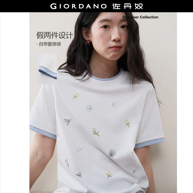 设计师款佐丹奴短袖T恤女夏纯棉假两件刺绣宽松圆领上衣183262