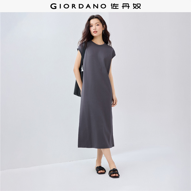 佐丹奴直筒裙子女夏季新款纯色极简风圆领连袖针织连衣裙05465480