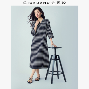 佐丹奴裙子女装2026年春季纯棉条纹连帽七分袖针织连衣裙13466293