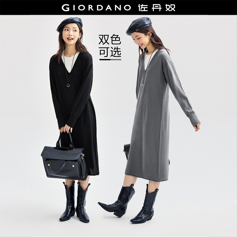 设计师款佐丹奴宽松针织连衣裙女新款假两件中长款毛衣裙18464805