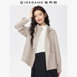 防风抽绳连帽宽松风衣外套05375684 女秋冬新款 佐丹奴美式 风夹克衫