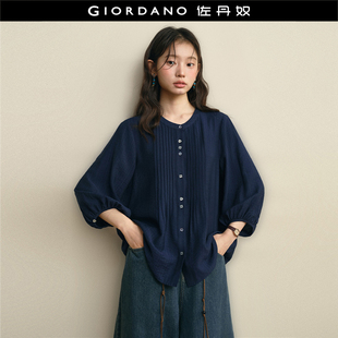 设计师款佐丹奴2026年春肌理感异型纽扣圆领七分袖衬衫女18346205