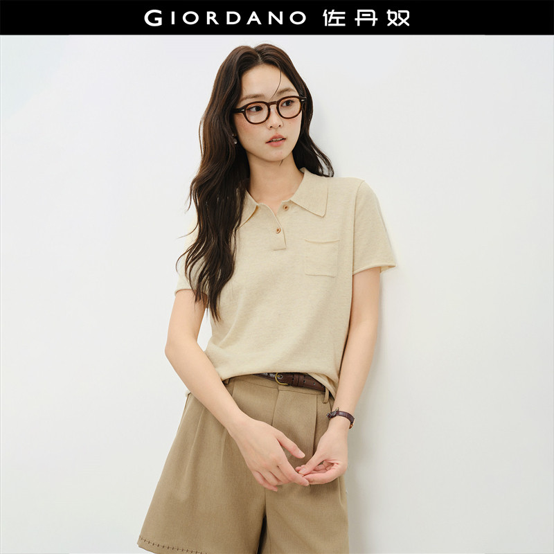 设计师款佐丹奴短袖针织衫女夏季新款卷边口袋针织POLO衫18356714