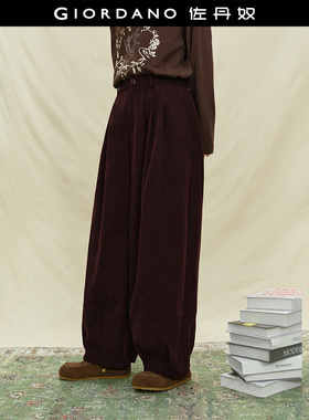 设计师款佐丹奴条绒裤子女压褶阔腿裤半松紧腰灯芯绒长裤18415221