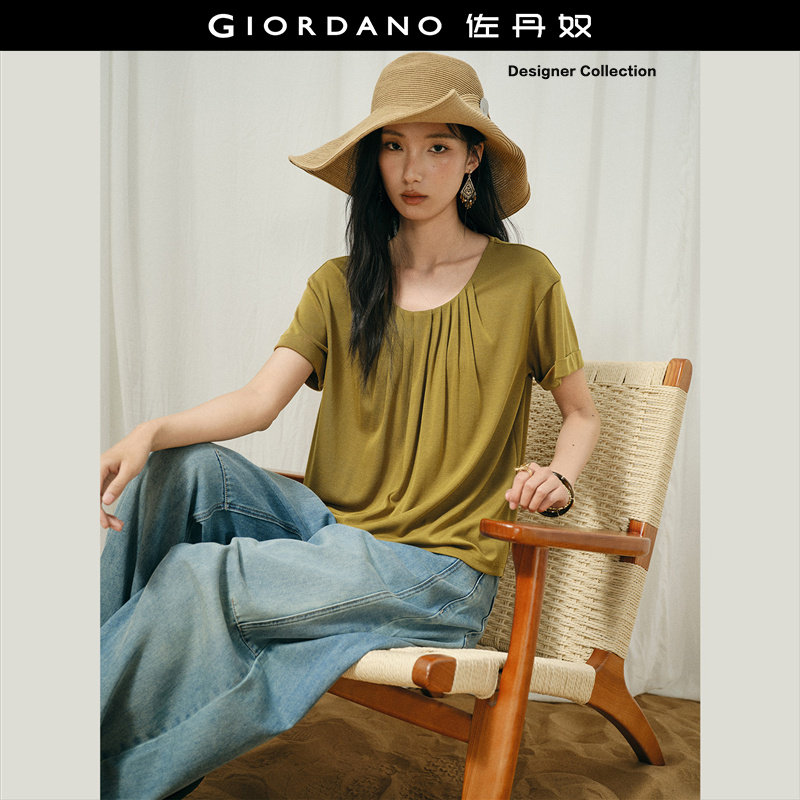 设计师款佐丹奴翻边短袖T恤女夏新款圆领宽松橄榄绿上衣18326518