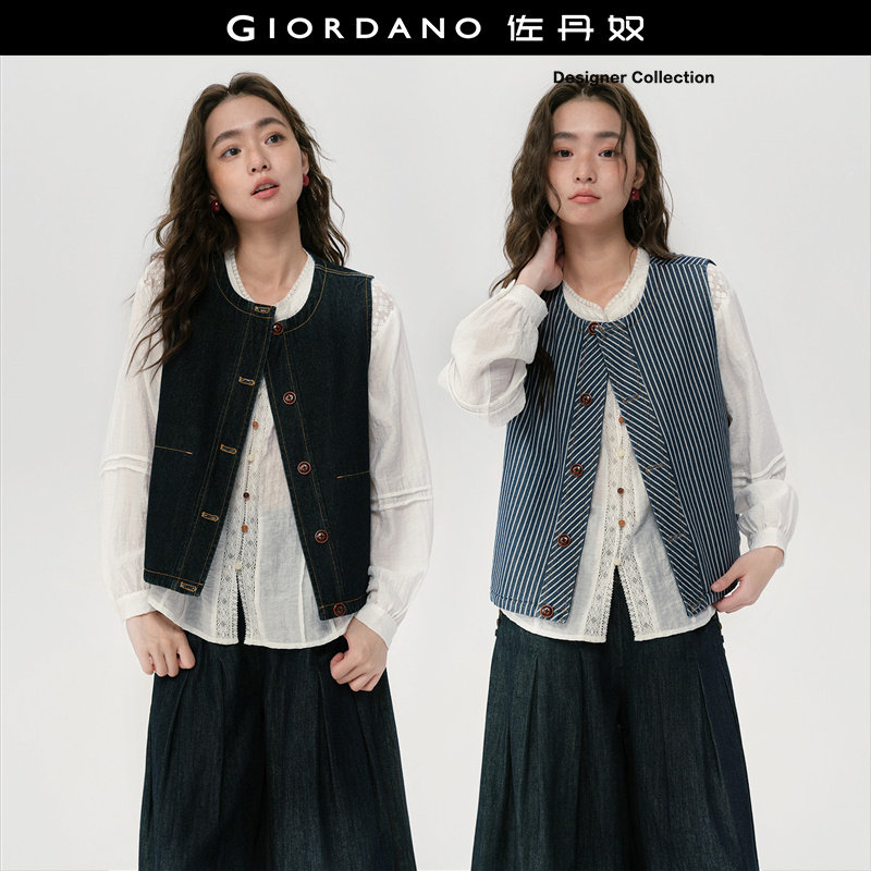Giordano圆领双面穿牛仔马甲图片