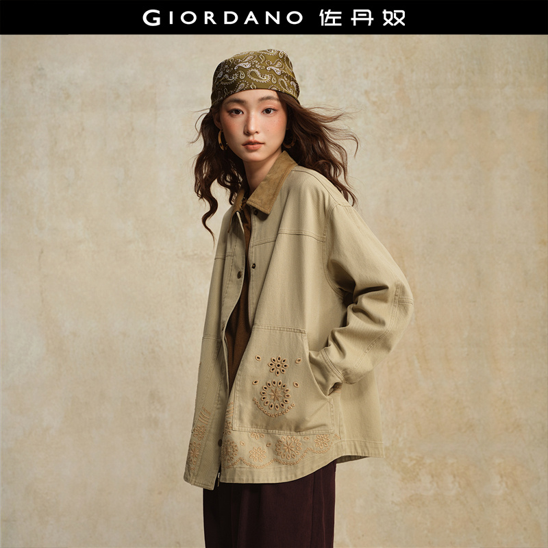 Giordano纯棉镂空绣花外套翻领
