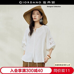 设计师款佐丹奴棉麻上衣女镂空宽松圆领七分袖亚麻衬衫女18346708