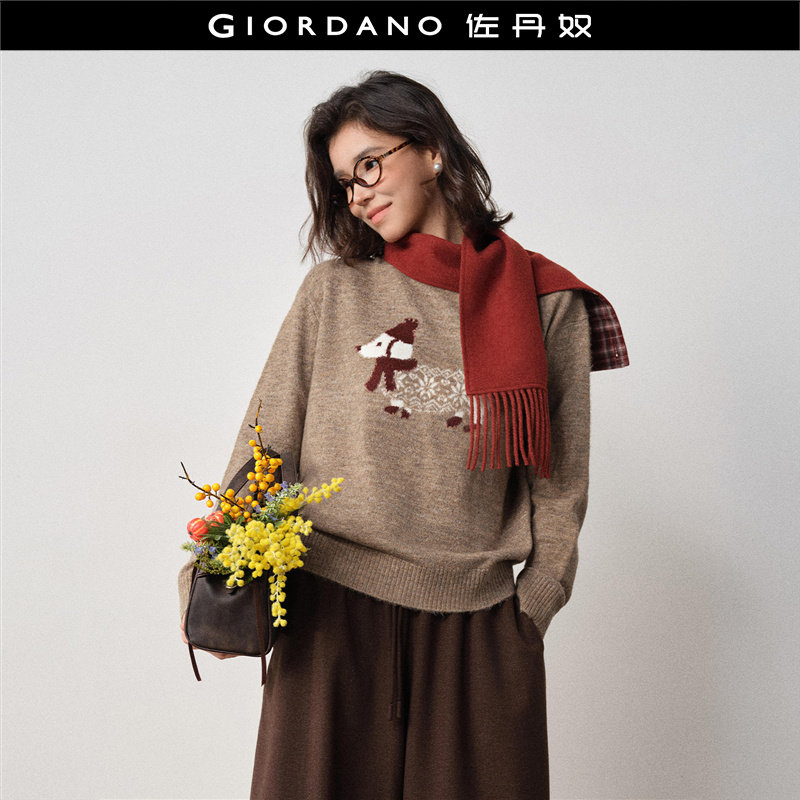 设计师款佐丹奴针织衫女新款小狗提花宽松圆领童趣风毛衣18355304,女装/女士精品,毛针织衫,淘宝优惠券,粉丝福利购,淘宝优惠卷