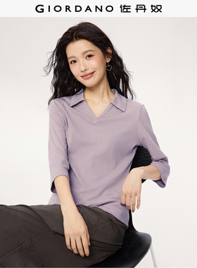 佐丹奴2026年春新款海鸥领纯棉修身V翻领七分袖polo衫女05315785