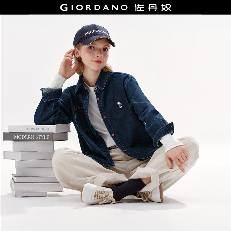 [史努比联名]佐丹奴复古新款刺绣口袋宽松牛仔衬衫女长袖18345704