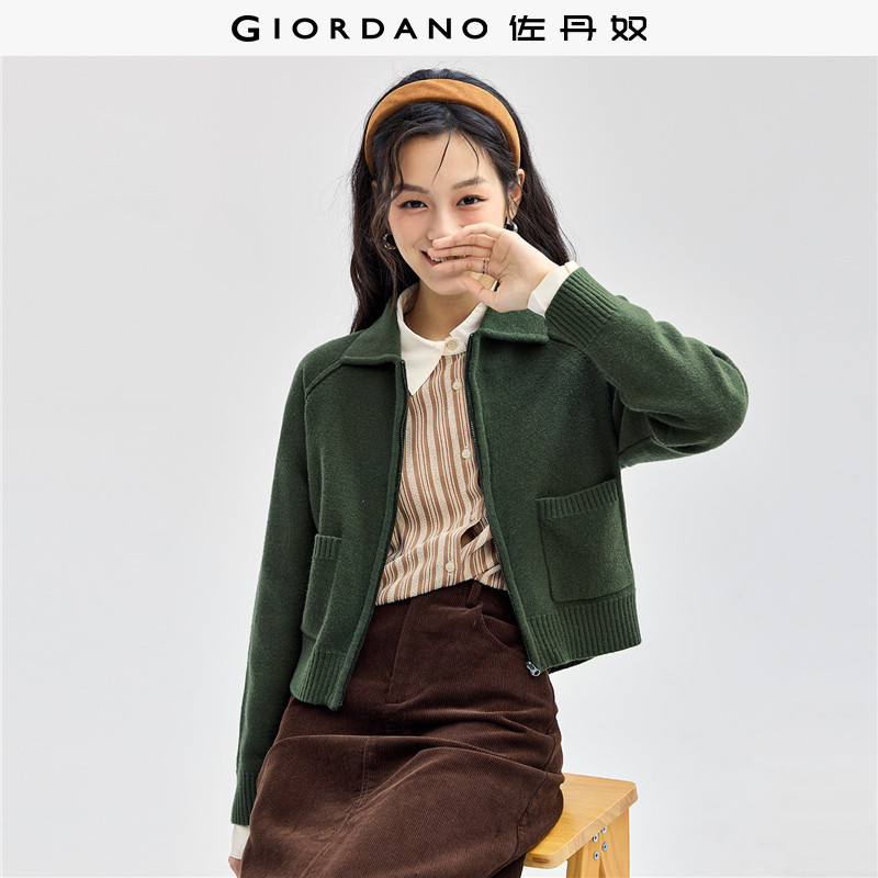 佐丹奴短款针织外套女加厚双口袋插肩翻领拉链针织开衫女13354676