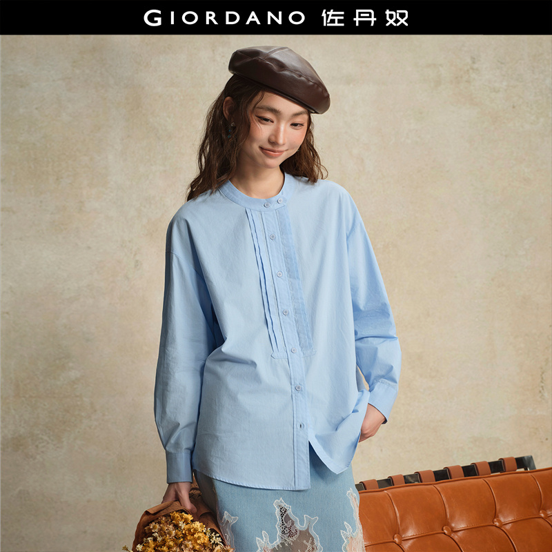 长袖纯棉小立领衬衫压褶门筒