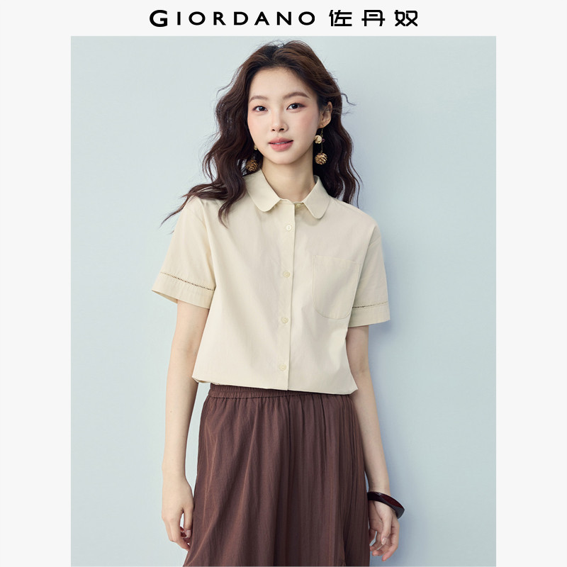 佐丹奴衬衣女夏新款纯棉纯色宽松娃娃领拼接镂空短袖衬衫13346214
