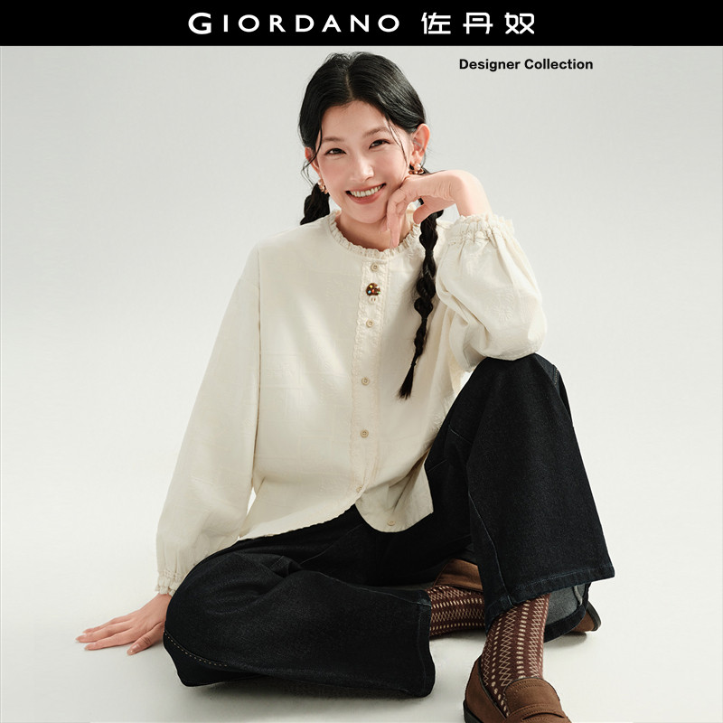 设计师款佐丹奴磨毛衬衫女法式文艺刺绣木耳边领长袖上衣183462