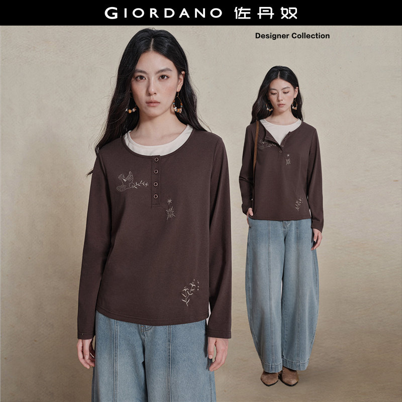 Giordano长袖假两件刺绣T恤图片
