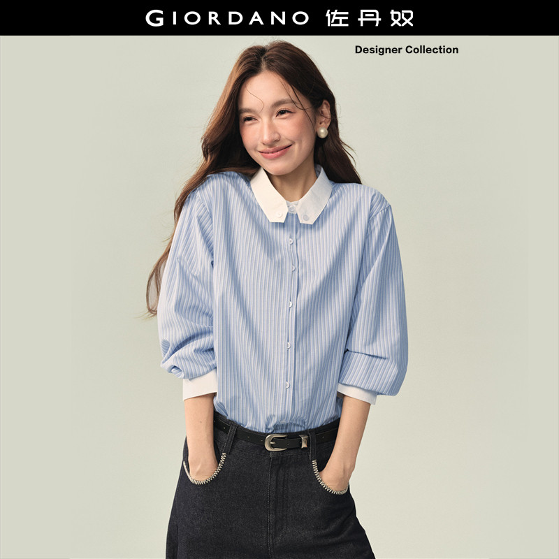 Giordano长袖条纹衬衫撞色翻领图片