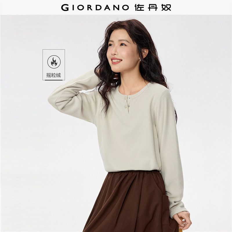 佐丹奴摇粒绒亨利衫女新款复古亨利领抓绒上衣长袖t恤女05325815
