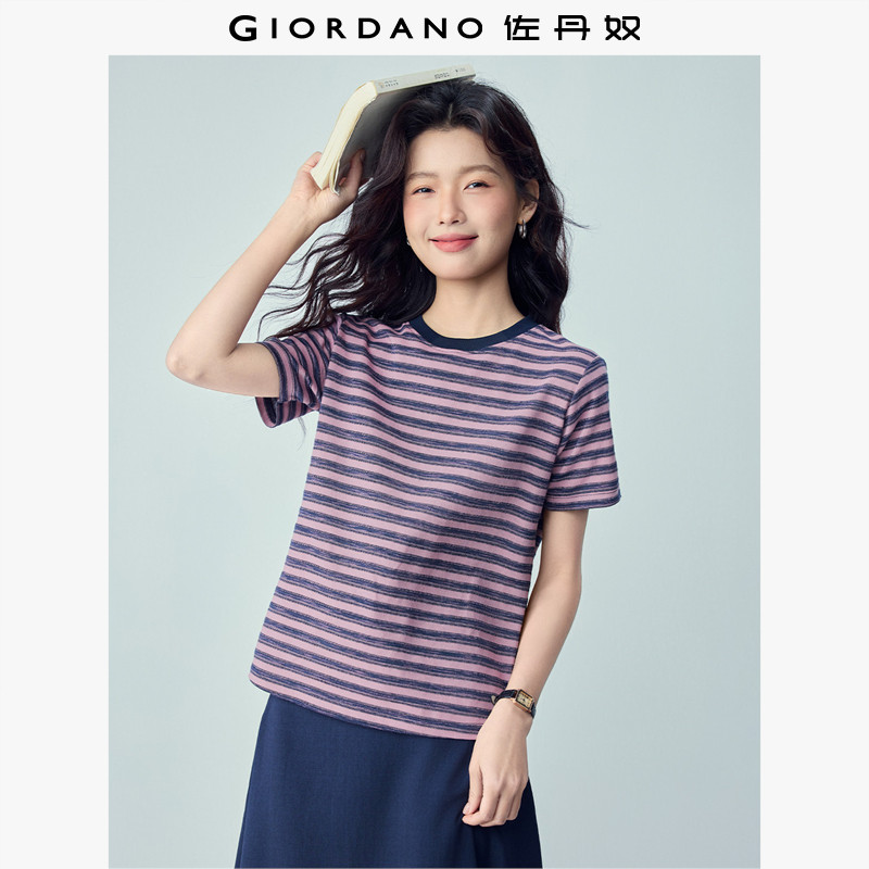 佐丹奴短袖T恤女2026年夏季新款海魂衫撞色条纹圆领上衣05326416