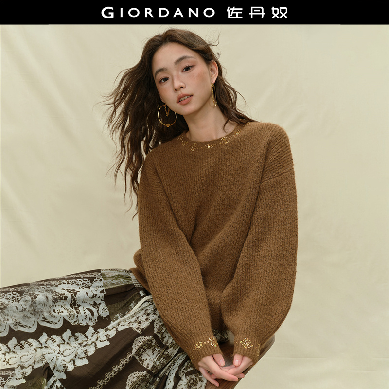 设计师款佐丹奴针织衫女装羊毛混纺珠片圆领宽松套头毛衣18355617