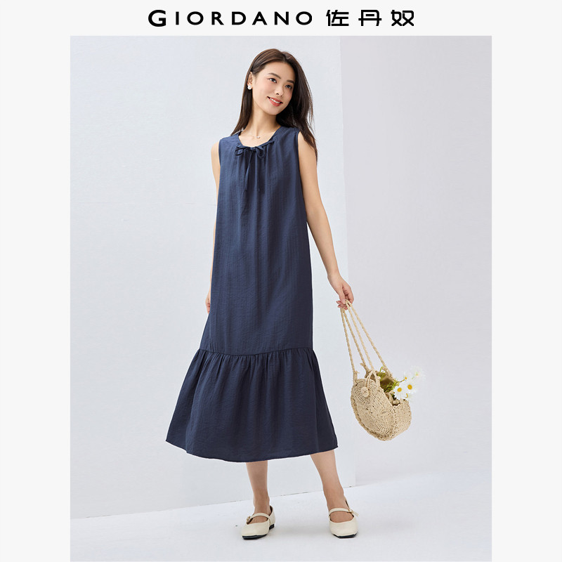 佐丹奴裙子女新款度假风绑带圆领荷叶边下摆背心连衣裙女05465083