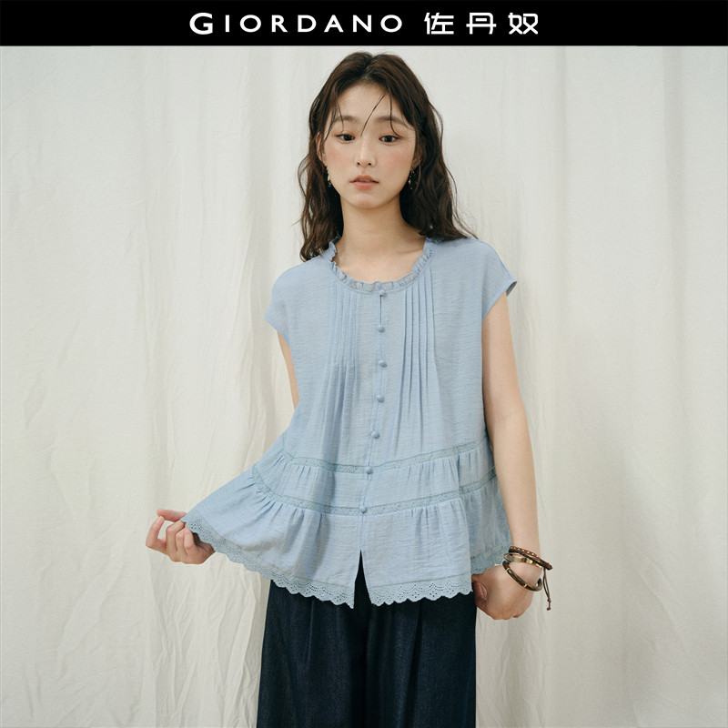 设计师款佐丹奴亚麻衬衫女木耳边圆领拼接镂空小飞袖上衣18346225
