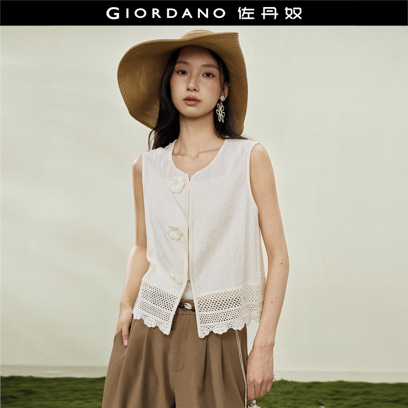 设计师款佐丹奴立体花朵拼接镂空下摆修身圆领马甲外套女18376304