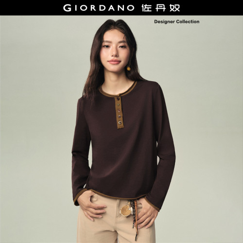 Giordano长袖撞色亨利领T恤