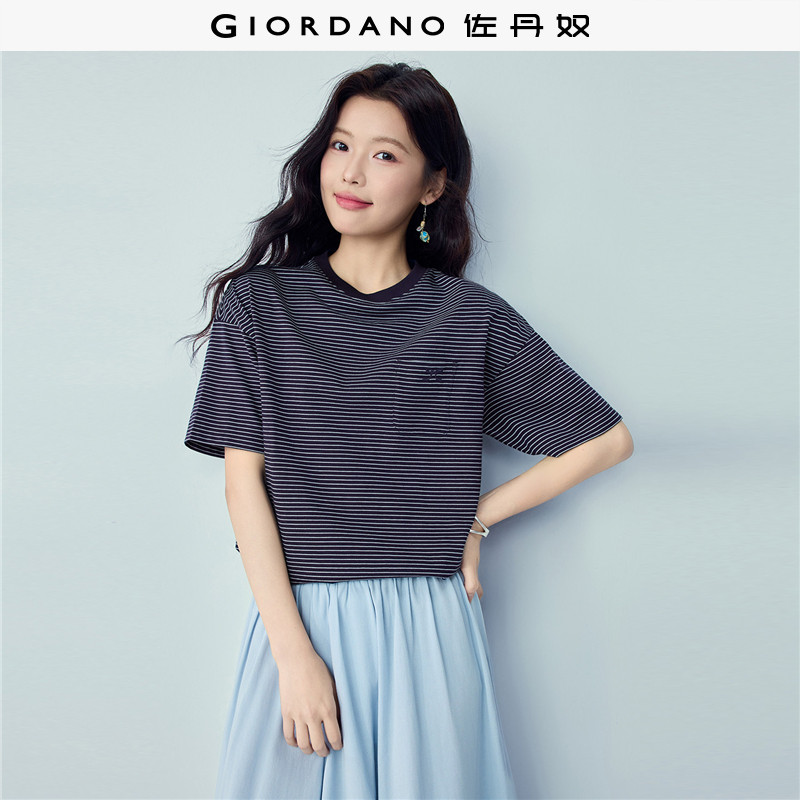 佐丹奴条纹T恤女夏新款纯棉蝴蝶结刺绣口袋圆领短袖上衣05326405