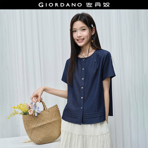 Giordano短袖牛仔衬衫肩部缩褶