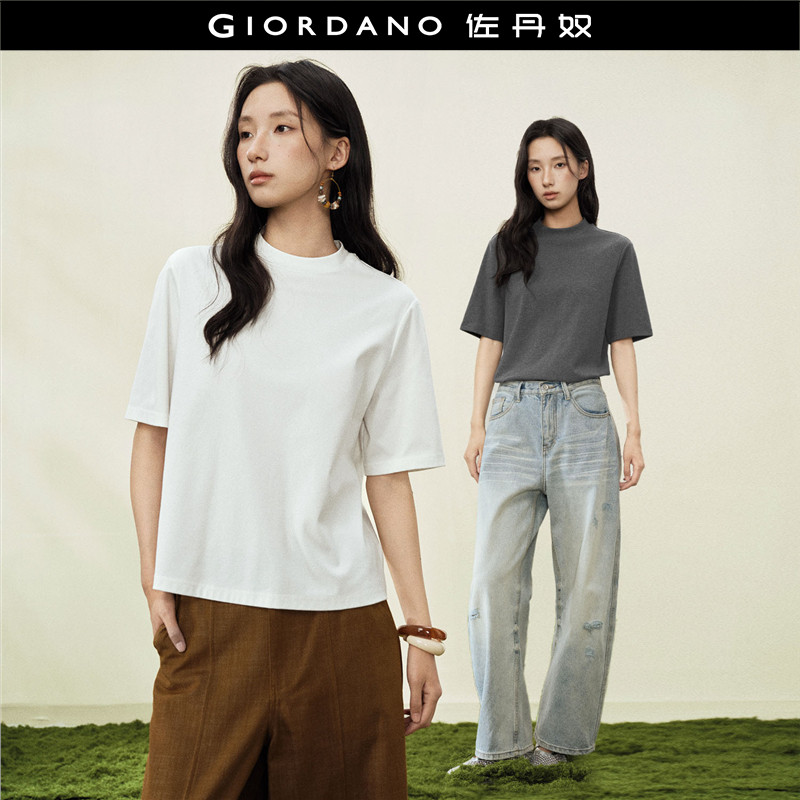 设计师款佐丹奴中袖T恤女夏季新款纯色极简风半高领上衣18326607