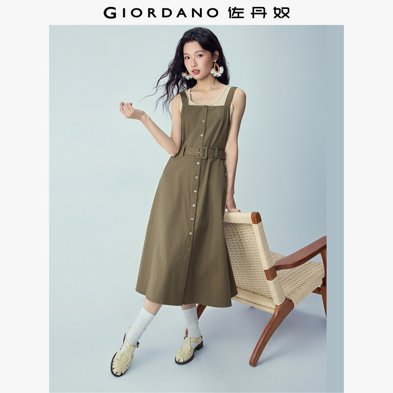 佐丹奴无袖裙子女2026夏纯棉吊带裙配腰带方领背带连衣裙13466233