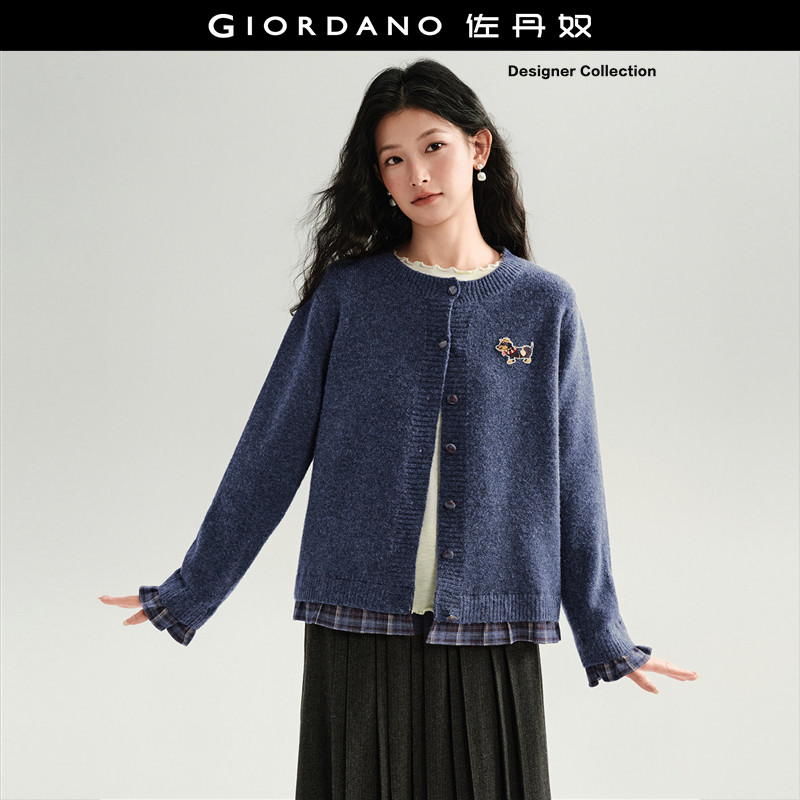 设计师款佐丹奴针织衫女假两件格纹小狗刺绣圆领开衫外套183568