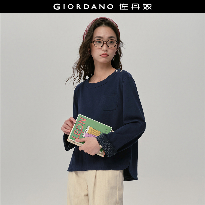 Giordano长袖拼接格纹T恤