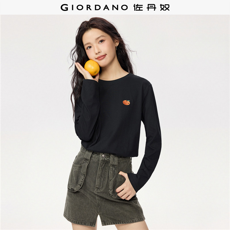 佐丹奴T恤女装纯棉笑脸橘子刺绣圆领针织长袖T恤 13325693