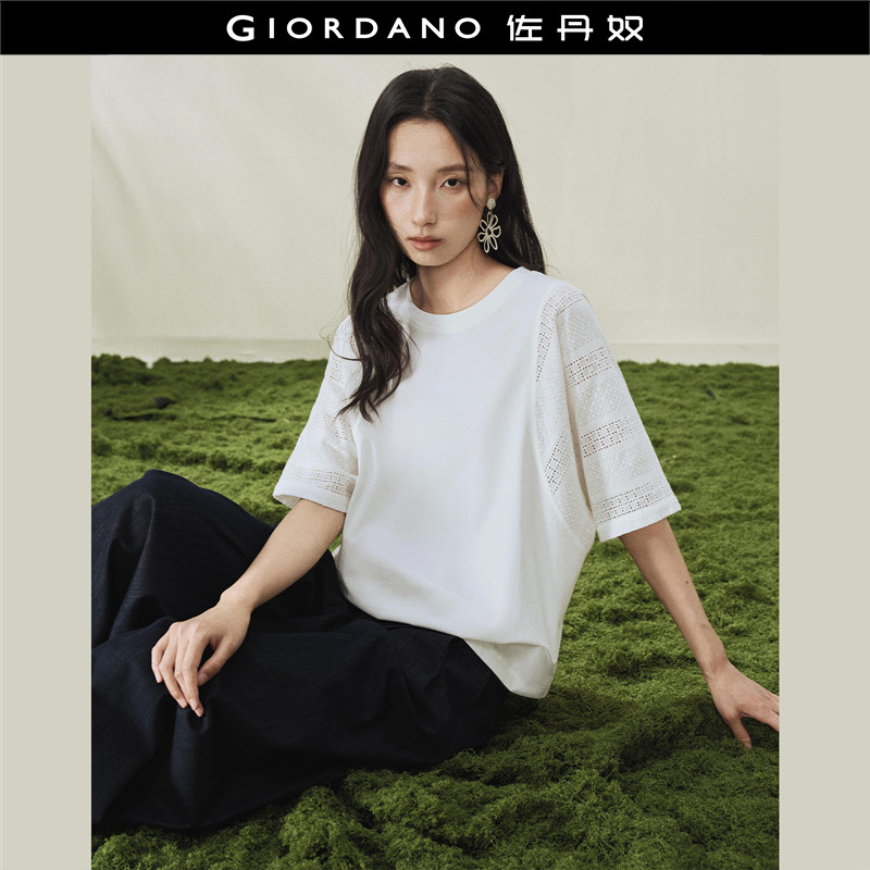设计师款佐丹奴T恤女2026年夏拼接镂空宽松圆领中袖上衣18326206