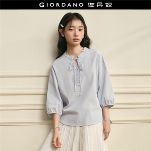 设计师款佐丹奴2026年春季花朵系带宽松V领七分袖衬衫女18346803