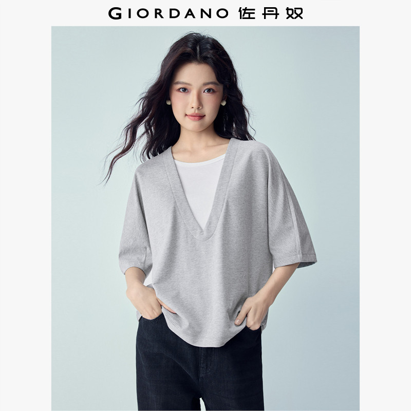 佐丹奴2026年夏季新款纯棉撞色假两件宽松蝙蝠中袖T恤女13326221