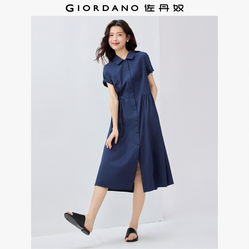 佐丹奴衬衫裙女夏季新款纯棉府绸通勤收褶翻领短袖连衣裙05465325