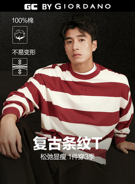 GC2026年春男女同款纯棉t恤衫刺绣宽松圆领条纹长袖T恤男12025008