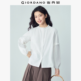 佐丹奴2026年春纯棉暗格纹宽松花边立领灯笼袖衬衫女长袖13346152